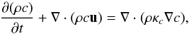 Mathematical equation: \begin{equation} \frac{\partial (\rho c)}{\partial t} + \nabla \cdot (\rho c \vec u )= \nabla \cdot (\rho \kappa_c \nabla c), \end{equation}
