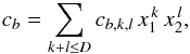 Mathematical equation: \begin{equation} c_b = \sum_{k+l \le D} c_{b,k,l}\, x_1^{\,k}\,x_2^{\,l}, \end{equation}