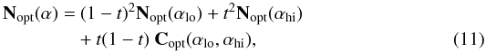 Mathematical equation: \begin{eqnarray} \label{eq:interpolation_of_cov} {\bf N}_{\mathrm{opt}}(\alpha) &= & \ (1-t)^2 {\bf N}_{\mathrm{opt}}(\alpha_\mathrm{lo}) + t^2 {\bf N}_{\mathrm{opt}}(\alpha_\mathrm{hi}) \nonumber\\ && + t(1-t)~{\bf C}_\mathrm{opt}(\alpha_\mathrm{lo},\alpha_\mathrm{hi}) , \end{eqnarray}