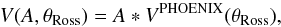 Mathematical equation: \begin{equation} V(A,\theta_\mathrm{Ross})= A \ast V^\mathrm{PHOENIX}(\theta_\mathrm{Ross}), \end{equation}