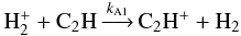 Mathematical equation: \appendix \setcounter{section}{1} \begin{equation} {\rm H_2^+} + {\rm C_2H} \mathop{\longrightarrow}\limits^{k_{\rm A1}} {\rm C_2H^+} + {\rm H_2} \end{equation}