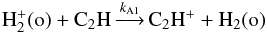 Mathematical equation: \appendix \setcounter{section}{1} \begin{equation} {\rm H_2^+(o)} + {\rm C_2H} \mathop{\longrightarrow}\limits^{k_{\rm A1}} {\rm C_2H^+} + {\rm H_2(o)} \end{equation}