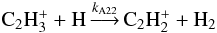 Mathematical equation: \appendix \setcounter{section}{1} \begin{equation} \label{eqa2} {\rm C_2H_3^+} + {\rm H} \mathop{\longrightarrow}\limits^{k_{\rm A22}} {\rm C_2H_2^+} + {\rm H_2} \end{equation}