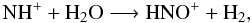 Mathematical equation: \begin{equation} \label{spec_example} \rm NH^+ + H_2O \longrightarrow HNO^+ + H_2 , \end{equation}