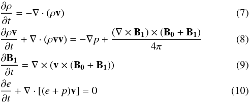 Mathematical equation: \begin{eqnarray} \label{mass} &&\frac{\partial\rho}{\partial t}=-\vec{\nabla}\cdot(\rho\vec{v}) \\ \label{momentum} &&\frac{\partial\rho\vec{v}}{\partial t}+\vec{\nabla}\cdot(\rho\vec{v}\vec{v})= -\nabla p+\frac{(\vec{\nabla}\times\vec{B_1})\times(\vec{B_0}+\vec{B_1})}{4\pi} \\ \label{induction} &&\frac{\partial\vec{B_1}}{\partial t}=\vec{\nabla}\times(\vec{v}\times(\vec{B_0}+\vec{B_1})) \\ \label{energy} &&\frac{\partial e}{\partial t}+\vec{\nabla}\cdot[(e+p)\vec{v}]=0 \end{eqnarray}