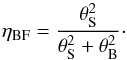 Mathematical equation: \begin{equation} \label{eq:beamfillingfactor} \eta_{\rm BF}=\frac{\theta_{\rm S}^2}{\theta_{\rm S}^2+\theta_{\rm B}^2}\cdot \end{equation}