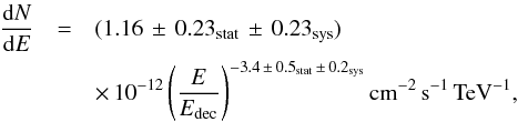 Mathematical equation: \begin{eqnarray*} \frac{{\rm d}N}{{\rm d}E}&=&(\hessfluxEdec) \\ && \times\, 10^{-12}\left( \frac{E}{E_{\rm dec}} \right)^{-\indexHESSnumOnly} \mathrm{cm}^{-2}\,\mathrm{s}^{-1}\,\mathrm{TeV}^{-1}, \end{eqnarray*}