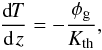 Mathematical equation: \begin{eqnarray} \dd{T}{\,z}=-\frac{\Fgeo}{\kapth}, \end{eqnarray}