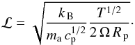 Mathematical equation: \begin{eqnarray} \Ro=\sqrt{\frac{\kB}{m_\mathrm{a}\,\cp^{1/2} }\frac{T^{1/2}}{2 \,\op\,\Rp}}\cdot \end{eqnarray}