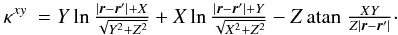 \appendix \setcounter{section}{1} \begin{eqnarray} \label{eq:k0xy} \kc&= Y \ln \frac{|\vec{r}-\vec{r}'|+X}{\sqrt{Y^2+Z^2}} + X \ln \frac{|\vec{r}-\vec{r}'|+Y}{\sqrt{X^2+Z^2}}-Z \atan \frac{XY}{Z |\vec{r}-\vec{r}'|}\cdot \end{eqnarray}