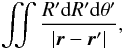 \appendix \setcounter{section}{3} \begin{eqnarray} \iint{\frac{R' {\rm d}R' {\rm d}\theta'}{|\vec{r}-\vec{r}'|}}, \label{eq:intps} \end{eqnarray}