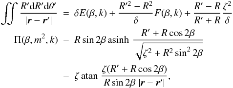 \appendix \setcounter{section}{3} \begin{eqnarray} \nonumber \iint{\frac{R' {\rm d}R' {\rm d}\theta'}{|\vec{r}-\vec{r}'|}} & =&\dd E(\beta,k) + \frac{R'^2-R^2}{\dd}F(\beta,k) + \frac{R'-R}{R'+R}\frac{\zeta^2}{\dd} \\ \Pi(\beta,m^2,k) & -& R \sin 2 \beta \asinh \frac{R'+R \cos 2 \beta}{\sqrt{\zeta^2+R^2 \sin^2 2 \beta}}\nonumber\\ & -& \zeta \atan \frac{\zeta(R'+R\cos 2 \beta)}{R \sin 2\beta \; |\vec{r}-\vec{r}'|}, \label{eq:potpolarsector} \end{eqnarray}