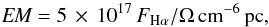 Mathematical equation: \begin{equation} \textit{EM} = 5\,\times\,10^{17}\,F_{\rm H\alpha}/\Omega\,\textrm{cm}^{-6}\,\textrm{pc}, \label{eq: em2} \end{equation}