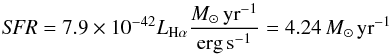 Mathematical equation: \begin{equation} \textit{SFR} = 7.9 \times 10^{-42} L_{\rm H\alpha} \frac{{M}_{\sun}\,\textrm{yr}^{-1}}{\textrm{erg\,s}^{-1}} = 4.24\,{M}_{\sun}\,\textrm{yr}^{-1} \end{equation}