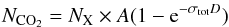 Mathematical equation: \begin{equation} N_{\rm CO_2}=N_{\rm X} \times A (1-{\rm e}^{- \sigma_{\rm tot} D}) \end{equation}