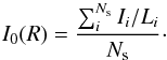 Mathematical equation: \appendix \setcounter{section}{1} \begin{equation} \label{eq:7} I_0(R)=\frac{\sum^{N_{\rm s}}_i I_i/L_i }{N_{\rm s}}\cdot \end{equation}