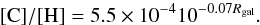 Mathematical equation: \begin{equation} \label{eq:2} [{\rm C}]/[{\rm H}]=5.5\times10^{-4}10^{-0.07R_{\rm gal}}. \end{equation}