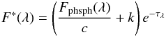 Mathematical equation: \begin{eqnarray} \label{eq:ONC:F} F^*(\lambda) = \left(\frac{F_\mathrm{phsph}(\lambda)}{c} + k\right)e^{-\tau_\lambda} \end{eqnarray}