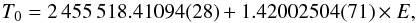 Mathematical equation: \begin{equation} T_{0}=2\,455\,518.41094(28)+1.42002504(71) \times E , \end{equation}