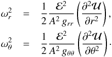 Mathematical equation: \begin{eqnarray} \omega^2_r &=& \frac{1}{2}\frac{{\cal E}^2}{A^2\,g_{rr}}\left(\frac{\partial^2{\cal U}}{\partial r^2}\right), \nn \\ \omega^2_{\theta} &=& \frac{1}{2}\frac{{\cal E}^2}{A^2\,g_{\theta\theta}}\left(\frac{\partial^2{\cal U}}{\partial \theta^2}\right)\cdot \label{epicyclic-requencies-second-derivatives} \end{eqnarray}