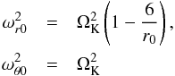 Mathematical equation: \begin{eqnarray} \omega^2_{r0} &=& \Omega_{\rm K}^2 \left(1-\frac{6}{r_0}\right), \nn \\ \omega^2_{\theta 0} &=& \Omega_{\rm K}^2 \label{epifreq} \end{eqnarray}