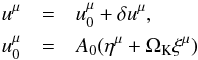 Mathematical equation: \begin{eqnarray} u^{\mu} &=& u^{\mu}_0 + \delta u^{\mu},\\ \nn u^{\mu}_0 &=& A_0(\eta^{\mu} + \Omega_{\rm K} \xi^{\mu}) \label{four-velocity-general} \end{eqnarray}