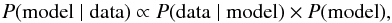 Mathematical equation: \begin{equation} P(\mathrm{model}\mid \mathrm{data}) \propto P(\mathrm{data}\mid \mathrm{model}) \times P(\mathrm{model}), \label{eq:bt} \end{equation}