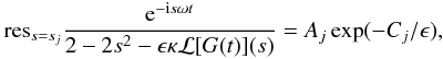 Mathematical equation: \appendix \setcounter{section}{1} \begin{eqnarray} \mbox{res}_{s=s_j}\frac{{\rm e}^{-{\rm i}s\omega t}}{2 - 2s^2 - \epsilon\kappa{\cal L}[G(t)](s)} = A_j\exp(-C_j/\epsilon), \label{eq:B9} \end{eqnarray}