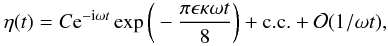 Mathematical equation: \appendix \setcounter{section}{1} \begin{eqnarray} \eta(t) = C {\rm e}^{-{\rm i} \omega t}\exp\bigg(-\frac{\pi\epsilon\kappa\omega t}8\bigg) + \mbox{c.c.} + {\cal O}(1/\omega t), \label{eq:B20} \end{eqnarray}