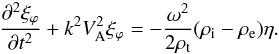 Mathematical equation: \begin{eqnarray} \frac{\partial^2\xi_\varphi}{\partial t^2} + k^2 V_{\rm A}^2\xi_\varphi = -\frac{\omega^2}{2\rho_{\rm t}}(\rho_{\rm i} - \rho_{\rm e})\eta . \label{eq:3.3} \end{eqnarray}