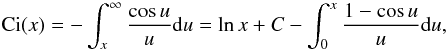 Mathematical equation: \begin{eqnarray} {\rm Ci}(x) = -\int_x^\infty \frac{\cos u}u {\rm d}u = \ln x + C - \int_0^x \frac{1 - \cos u}u {\rm d}u , \label{eq:3.10} \end{eqnarray}