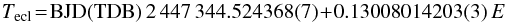 \begin{equation} T_\mathrm{ecl}\!=\!\mathrm{BJD(TDB)}\,2\,447\,344.524368(7) \!+\! 0.13008014203(3)\,E \label{eq:ephem} \end{equation}
