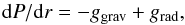 Mathematical equation: \begin{equation} {{\rm d}P/{\rm d}r} = - g_{\rm grav} + g_{\rm rad}, \end{equation}