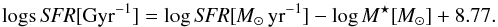 \begin{equation} \rm logs\,{\it SFR} [Gyr^{-1}]=\log {\it SFR} [{\it M}_\odot\, yr^{-1}] - log\, {\it M}^{\star} [{\it M}_\odot] + 8.77. \end{equation}