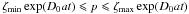 \hbox{$\zeta_{\text{min}}\exp(D_0at)\leqslant p\leqslant\zeta_{\text{max}}\exp(D_0at)$}