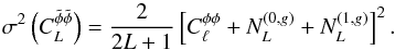 \begin{equation} \sigma^2\left(C_L^{\tilde \phi \tilde\phi}\right)=\frac{2}{2L+1}\left[C_\ell^{\phi \phi} +N_L^{(0,g)}+N_L^{(1,g)}\right]^2. \label{varphi1} \end{equation}
