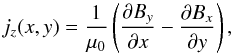 Mathematical equation: \begin{equation} j_z(x,y) = \frac{1}{\mu_0}\left ( \frac{\partial B_y}{\partial x} - \frac{\partial B_x}{\partial y} \right ), \label{eqn1} \end{equation}