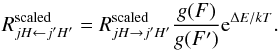 Mathematical equation: \appendix \setcounter{section}{1} \begin{equation} \label{eq:det-bal} R_{jH\leftarrow j'H'}^\mrm{scaled} = R_{jH\rightarrow j'H'}^\mrm{scaled} \frac{g(F)}{g(F')}\mrm{e}^{\Delta E/kT} . \end{equation}