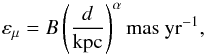 Mathematical equation: \begin{equation} \varepsilon_\mu=B\left(\frac{d}{\rm kpc}\right)^\alpha {\rm mas~yr^{-1}}, \label{PM_eq} \end{equation}