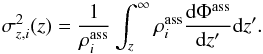 Mathematical equation: \begin{equation} \label{sigma_z} \sigma_{z,i}^{2}(z) = \frac{1}{\rho_i^{\rm ass}}\int^\infty_z\rho_i^{\rm ass}\frac{\mathrm{d}\Phi^{\rm ass}}{\mathrm{d}z'}\mathrm{d}z'. \end{equation}