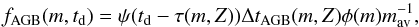 \begin{equation} \label{eq:FreqAGB} f_{\rm AGB}(m,t_{\rm d}) = \psi(t_{\rm d} - \tau(m,Z)) \Delta t_{\rm AGB}(m,Z) \phi(m) m_{\rm av}^{-1}, \end{equation}