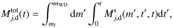 \begin{equation} \label{eq:Mdusttot} M_{j,\rm d}^{\rm tot} (t) = \int_{m_l}^{m_{\rm WD}}{\rm d}m' \int_0^t M^{\rm s}_{j,\rm d}(m',t',t){\rm d}t', \end{equation}