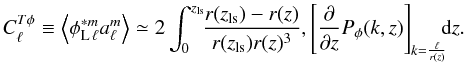 \appendix \setcounter{section}{2} \begin{equation} C^{T \phi}_\ell \equiv \left\langle \phi_{{\rm L} \,\ell}^{*m} a_{\ell}^{ m}\right\rangle \simeq 2\int_0^{z_{\rm ls}}\!\!\frac{r(z_{\rm ls})-r(z)}{r(z_{\rm ls})r(z)^3}, \left[ \frac{\partial}{\partial z}P_{\phi}(k,z) \right]_{k=\frac{\ell}{r(z)}}\!\!\!{\rm d}z. \label{eq:cltphi} \end{equation}