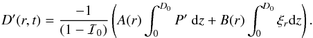 \appendix \setcounter{section}{1} \begin{eqnarray*} D'(r,t)=\frac{-1}{(1-\mathcal{I}_0)}\left(A(r) \int_0^{D_0} P'\ {\rm d}z + B(r) \int_0^{D_0} \xi_r {\rm d}z\right). \end{eqnarray*}