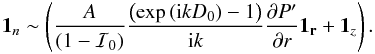 \appendix \setcounter{section}{1} \begin{eqnarray*} \vec{1}_n\sim\left(\frac{A}{(1-\mathcal{I}_0)}\frac{\left(\exp\left({\rm i}kD_0\right)-1\right)}{{\rm i}k}\frac{\partial P'}{\partial r}\vec{1_r}+\vec{1}_z\right). \end{eqnarray*}