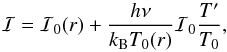 \begin{equation} \label{eq:intensity} \mathcal{I} = \mathcal{I}_0(r) + \frac{h \nu}{k_{\mathrm{B}} T_0(r)} \mathcal{I}_0 \frac{T'}{T_0}, \end{equation}