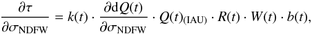 \begin{equation} \label{twrtndfw_nut} \frac{\partial \tau}{\partial \sigma_{\rm NDFW}} = k(t) \cdot \frac{\partial {\rm d}Q(t)}{\partial \sigma_{\rm NDFW}} \cdot Q(t)_{(\rm IAU)} \cdot R(t) \cdot W(t) \cdot b(t), \end{equation}