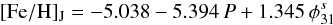 \begin{equation} \label{eq:metrr0} \mathrm{[Fe/H]_J} = -5.038 - 5.394\, P + 1.345\, \phi^s_{31}\, \end{equation}