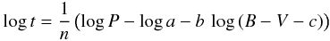 Mathematical equation: \begin{equation} \log t= \frac1n \left (\log P - \log a -b\,\log\,(B-V-c) \right )\label{gyroeq} \end{equation}