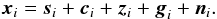 Mathematical equation: \begin{equation} \label{eq:observed1} \xb_i = \ssb_i + \cb_i + \zb_i + \gb_i + \nb_i. \end{equation}
